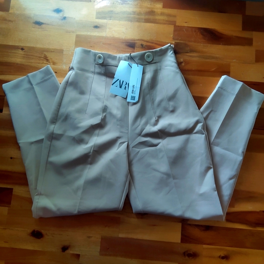 Zara high-waisted pleated slacks, size S, light tan